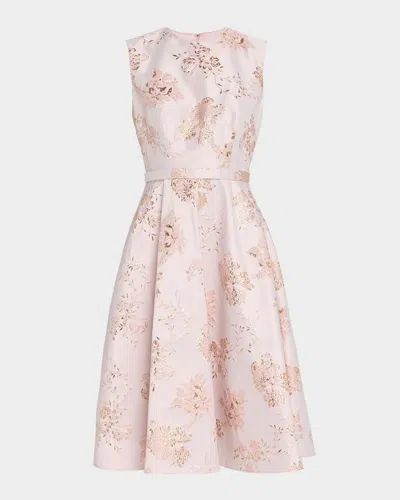 Pamella Roland Reo Metallic Floral Jacquard Sleeveless Midi Dress In Blush