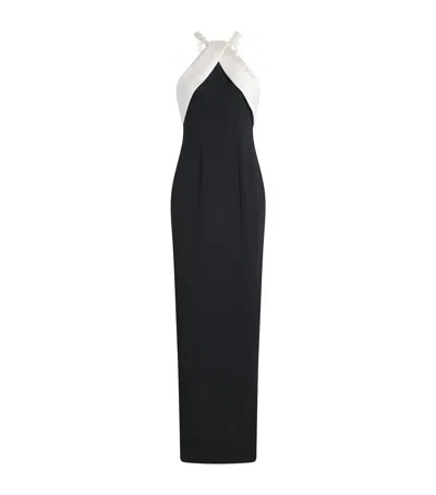 Pamella Roland Satin Beaded Halterneck Gown In Black