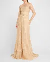 Pamella Roland Sequin Embroidered Tulle Long-sleeve Illusion Gown In Gold