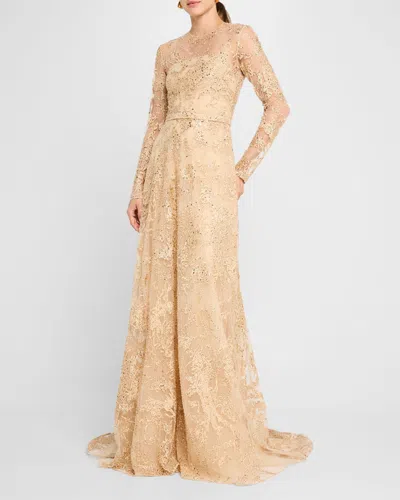 Pamella Roland Sequin Embroidered Tulle Long-sleeve Illusion Gown In Gold