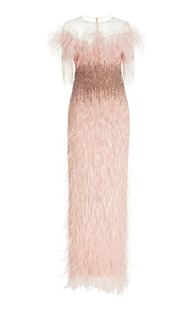 Pamella Roland Sequined Beaded And Fringe Gown In Light Pink