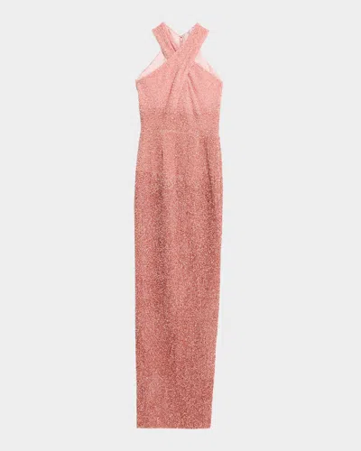 Pamella Roland Sequined Crisscross Halter Gown In Pink