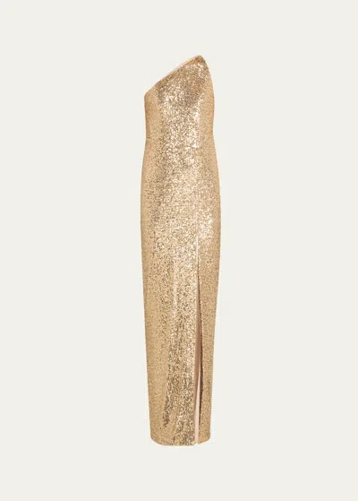 Pamella Roland Sequined Cutout One-shoulder Column Gown In Gold