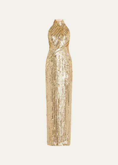 Pamella Roland Sequined Halter Backless Column Gown In Gold