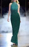 Pamella Roland Sequined Halter Gown In Green