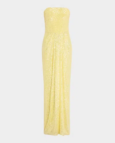 Pamella Roland Sequined Long Strapless Stretch Gown In Yellow