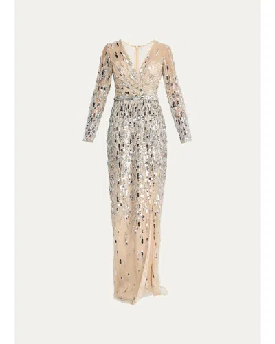 Pamella Roland Sequined Long-sleeve Surplice Tulle Gown In Neutral