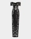 Pamella Roland Sequined Mesh Tulle Off-the-shoulder Gown In Black Multi