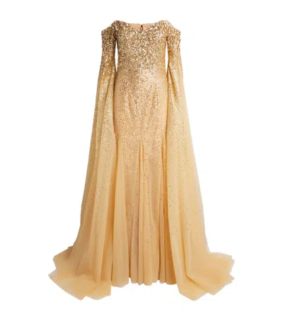 Pamella Roland Sequinned Cape-sleeve Gown In Brown
