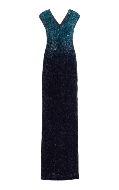 Pamella Roland Signature Sequin V Neck Gown In Blue