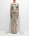 PAMELLA ROLAND SILVER SEQUINED GOWN WITH SHEER CAPE