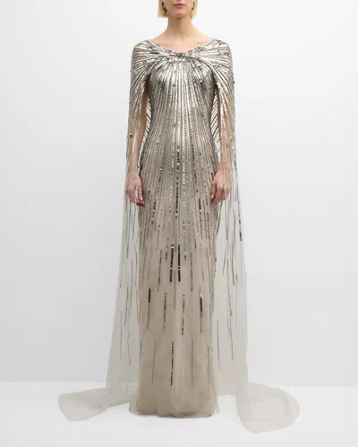 Pamella Roland Silver Sequined Gown With Sheer Cape