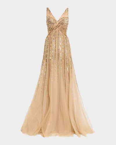 Pamella Roland Sleeveless Beaded Tulle Backless Gown In Brown