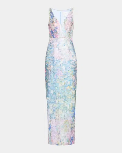 Pamella Roland Sleeveless Printed Sequin Column Gown In Multi