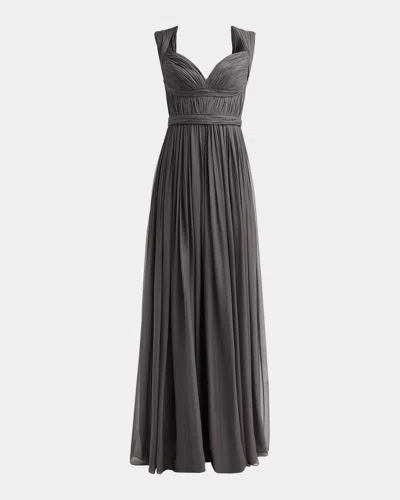 Pamella Roland Sleeveless Ruched Chiffon Cape Gown In Charcoal