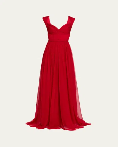 Pamella Roland Sleeveless Ruched Chiffon Cape Gown In Red