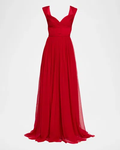 Pamella Roland Sleeveless Ruched Chiffon Cape Gown In Red