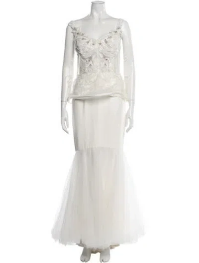 Pre-owned Pamella Roland Square Neckline Long Dress In White