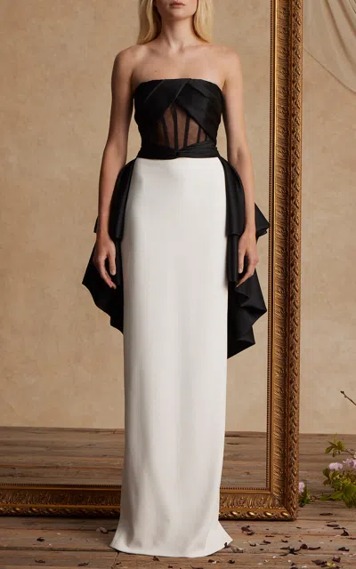 Pamella Roland Strapless Crepe And Tulle Gown In Black,white