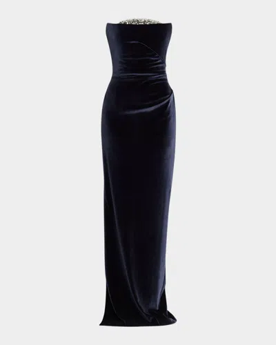 Pamella Roland Strapless Crystal Embellished Velvet Column Gown In Blue