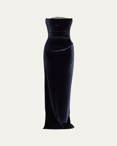Pamella Roland Strapless Crystal Embellished Velvet Column Gown In Blue