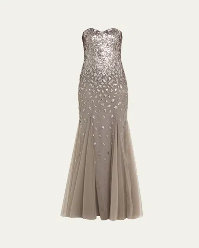 Pamella Roland Strapless Embroidered Degrade Godet Gown In Smokesilver