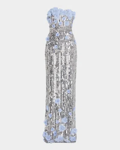 Pamella Roland Strapless Flower Embroidered Sequin Tulle Column Gown In Silver/sky
