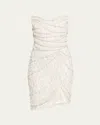 Pamella Roland Strapless Fringe Embroidered Tulle Mini Cocktail Dress In White