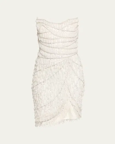 Pamella Roland Strapless Fringe Embroidered Tulle Mini Cocktail Dress In White