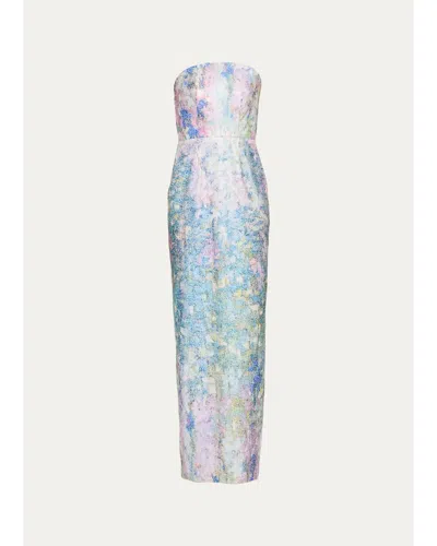 Pamella Roland Strapless Printed Sequin Column Gown In Blue