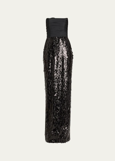 Pamella Roland Strapless Sequin Gown In Black Black
