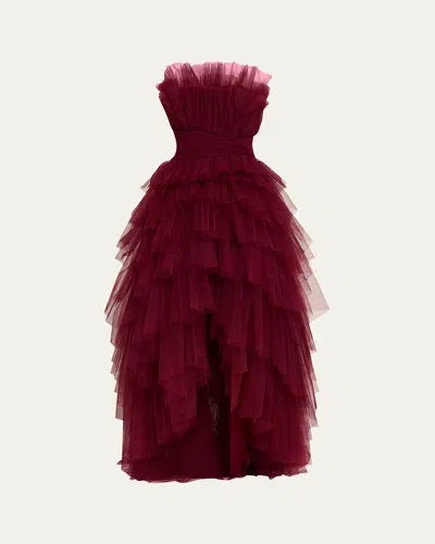 Pamella Roland Strapless Tiered Tulle High-low Gown In Burgundy