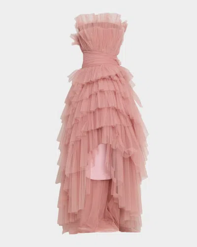 Pamella Roland Strapless Tiered Tulle High-low Gown In Pink