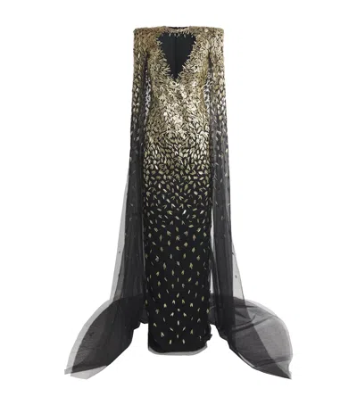 Pamella Roland Tulle Embellished Cape Gown