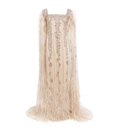 Pamella Roland Tulle Embellished Cape Gown In Gold