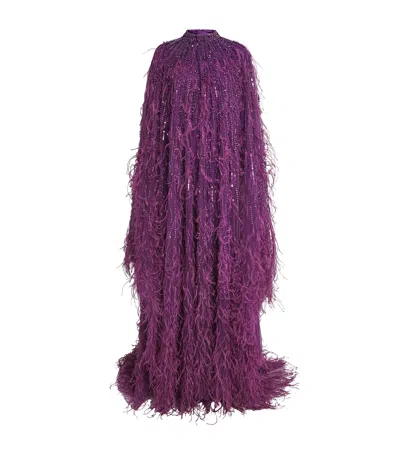 Pamella Roland Tulle Embellished Feather-trim Gown In Purple