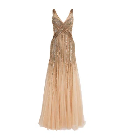 Pamella Roland Tulle Embellished V-neck Gown In Gold