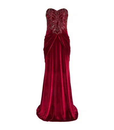 Pamella Roland Velvet Bead And Sequin Strapless Gown In Red