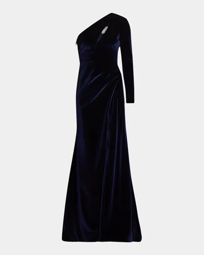 Pamella Roland Velvet One-shoulder Cut-out Gown In Blue