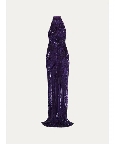 Pamella Roland Wave Beaded Halter Column Gown In Purple