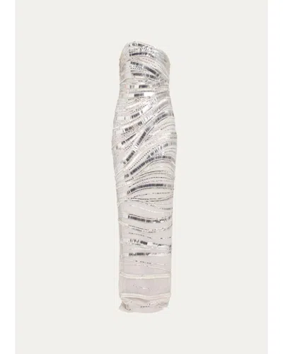 Pamella Roland Wave Beaded Tulle Strapless Column Gown In Silver
