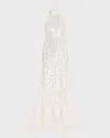 Pamella Roland White Embroidered Tulle Halter Gown
