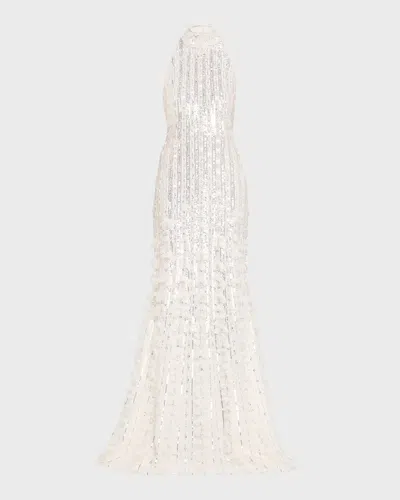 Pamella Roland White Embroidered Tulle Halter Gown