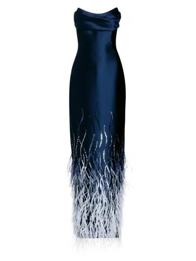 Pamella Roland Women's Beaded Feather Satin Strapless Gown In Black