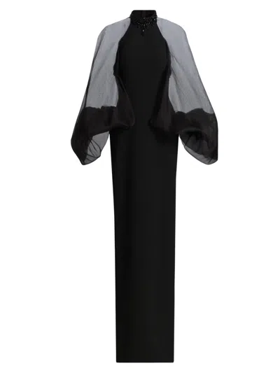 Pamella Roland Women's Beaded Organza-sleeve Column Gown In Black