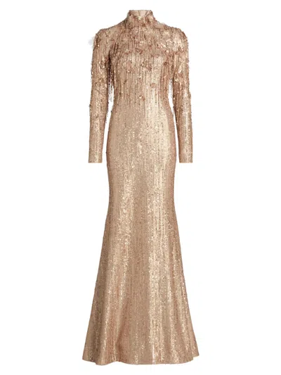 Pamella Roland Women's Beaded Sequin Long-sleeve Trumpet Gown In Brown