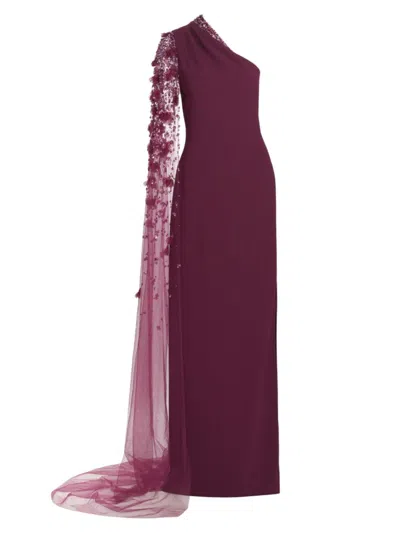 Pamella Roland Women's Embellished Cape-sleeve One-shoulder Gown In Burgundy