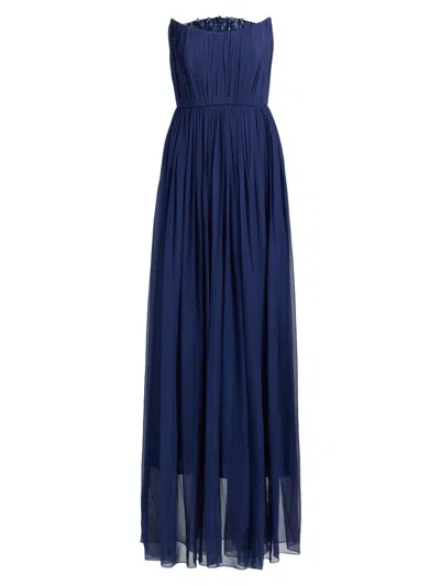 Pamella Roland Strapless Crystal Embellished Chiffon Gown In Blue