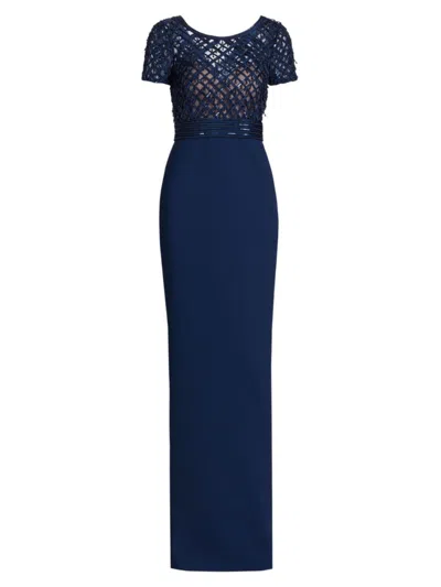 Pamella Roland Women's Embroidered Bodice Crepe Column Gown In Navy