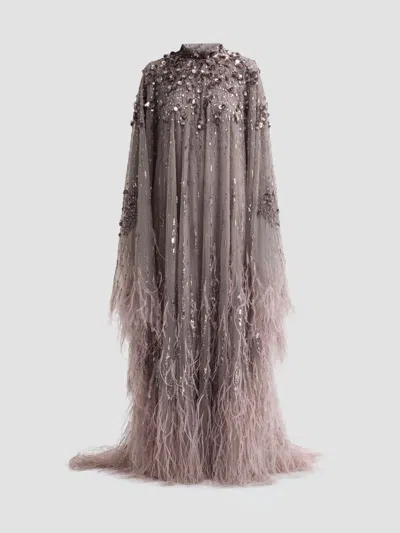 Pamella Roland Women's Embroidered Feathered Tulle Caftan Gown In Brown